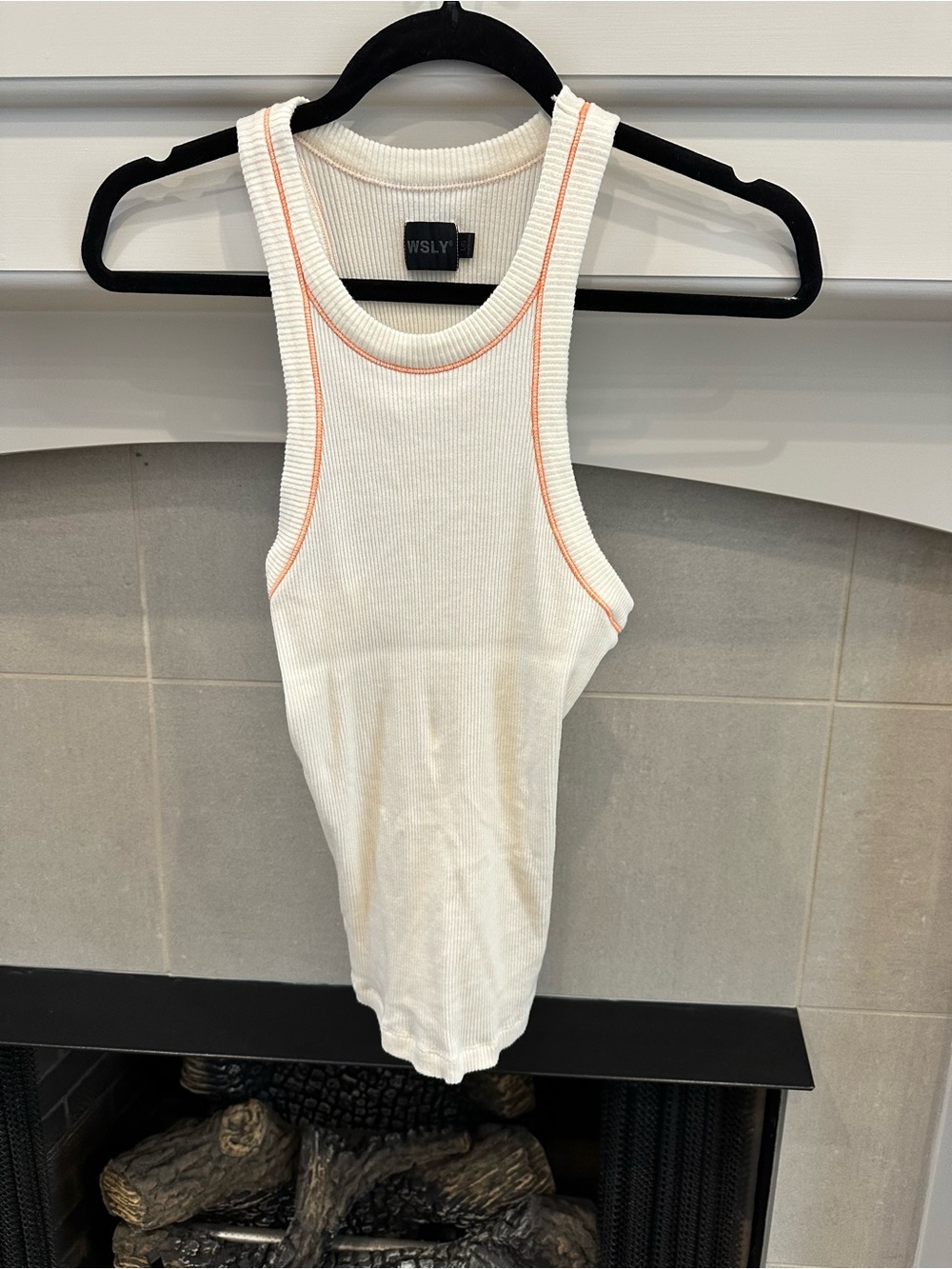 WSLY Cream Ribbed Tank with Orange Contrast Stitching